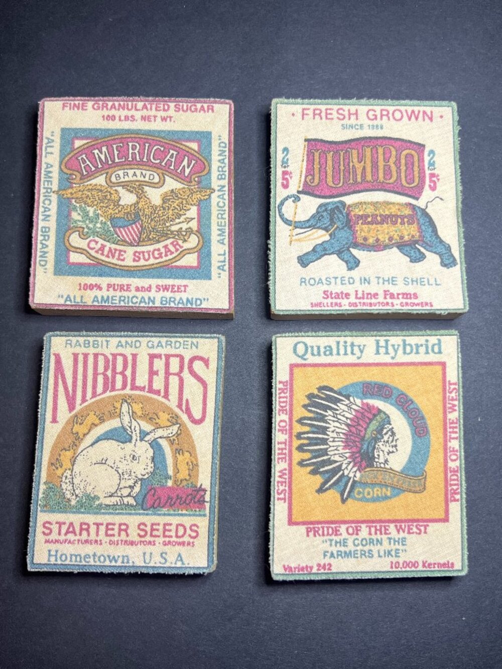 VTG Set of 4 Wooden Cotton Advertisement Blocks: Nibblers, Jumbo, Cane Sugar..